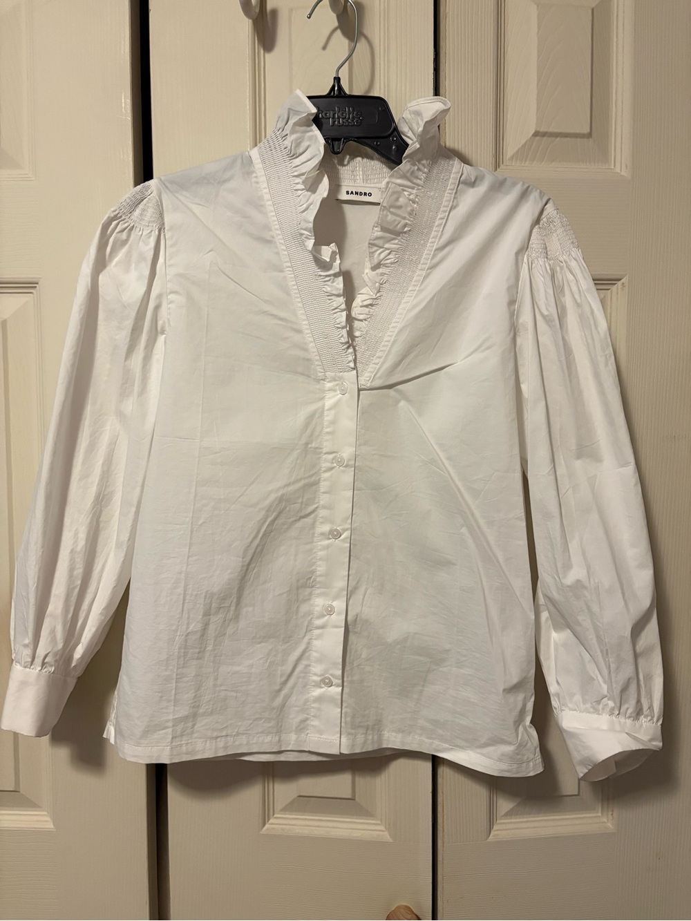 Sandro White Ruffled V-Neck Button-Down Blouse